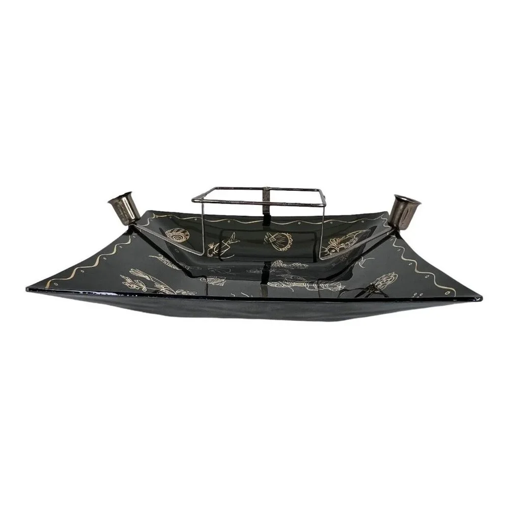 2 Tier Black Glass Tray Dish Gold Sea Creatures‎ Candle Holder MCM Chip Dip VTG